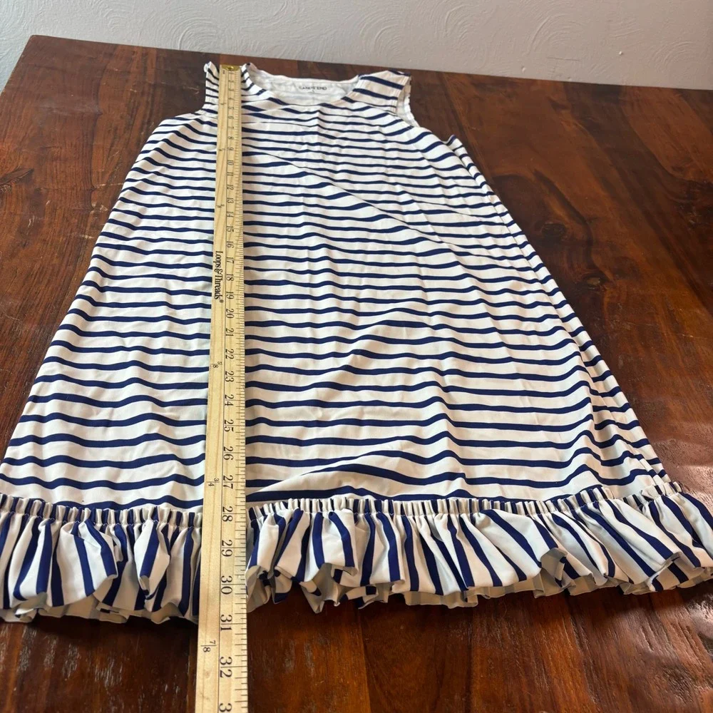 Lands End Girls Large Blue White Striped Ruffle Swim Cover Up Dress‎ Sleeveless